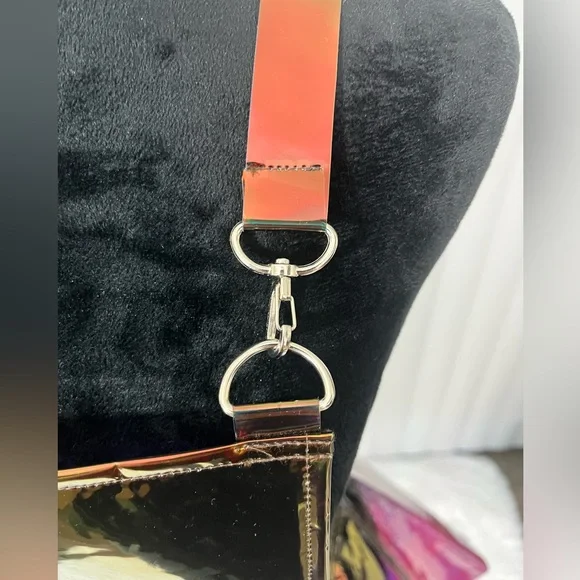 CLUB EXX Techno Gurl Hologram Vinyl Pinafore Overall Dress Metallic Blue Copper - Picture 6 of 12